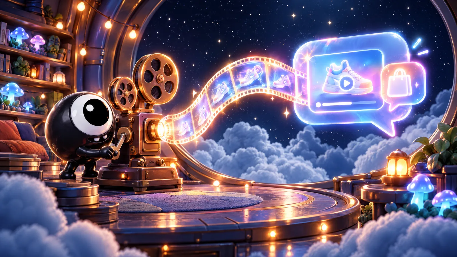 Imp bedient einen Filmprojektor, aus dem ein Video-Ad mit Warenkorb-Sprechblase entsteht