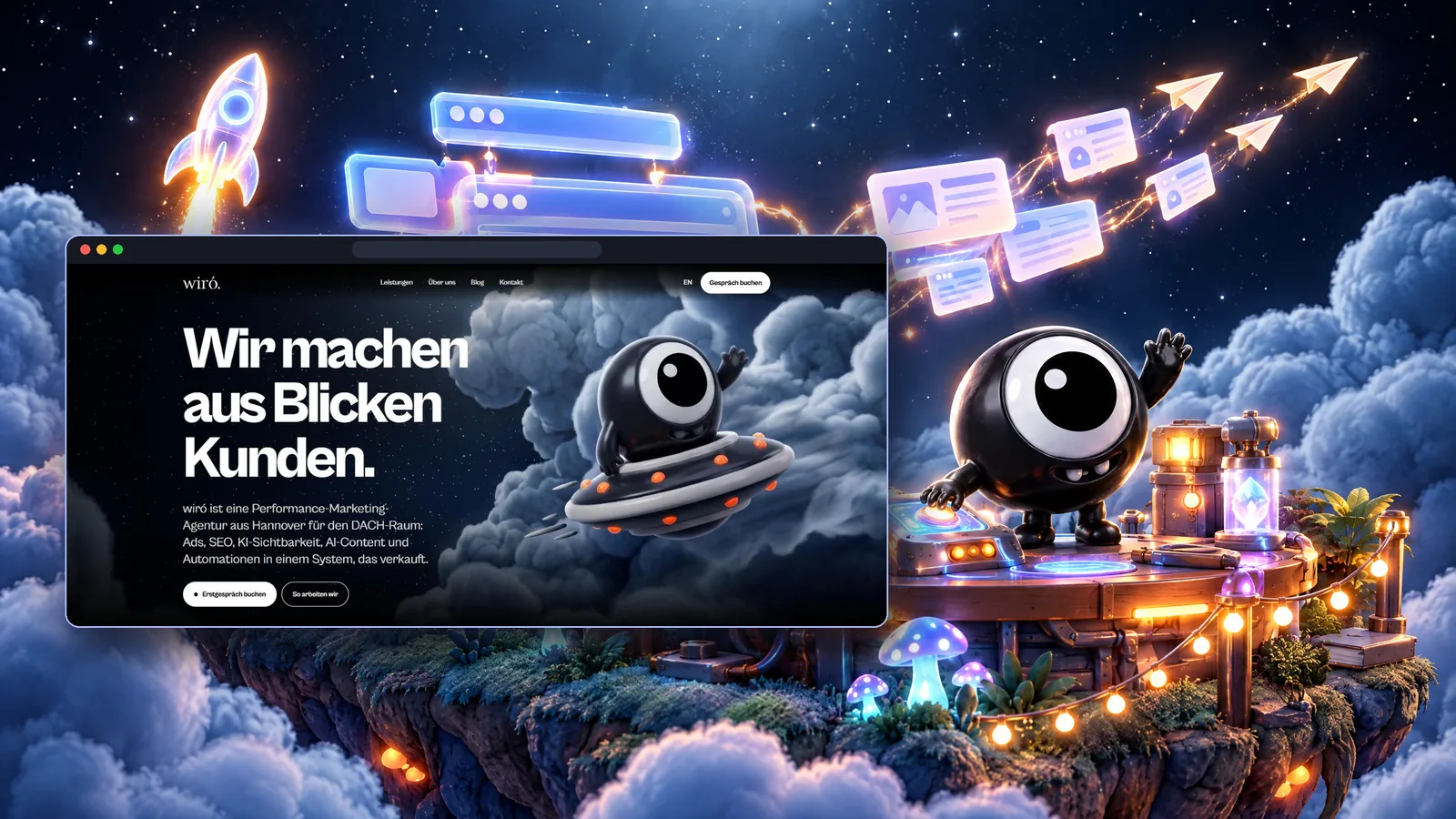 Imp winkt auf seiner Insel neben einem Browserfenster mit der neuen Startseite von wiro.design